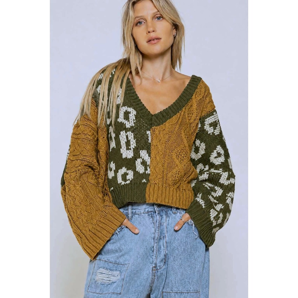 POL Colorblock Leopard Cable Knit Sweater Olive Mustard V-Neck Cropped BST590 S